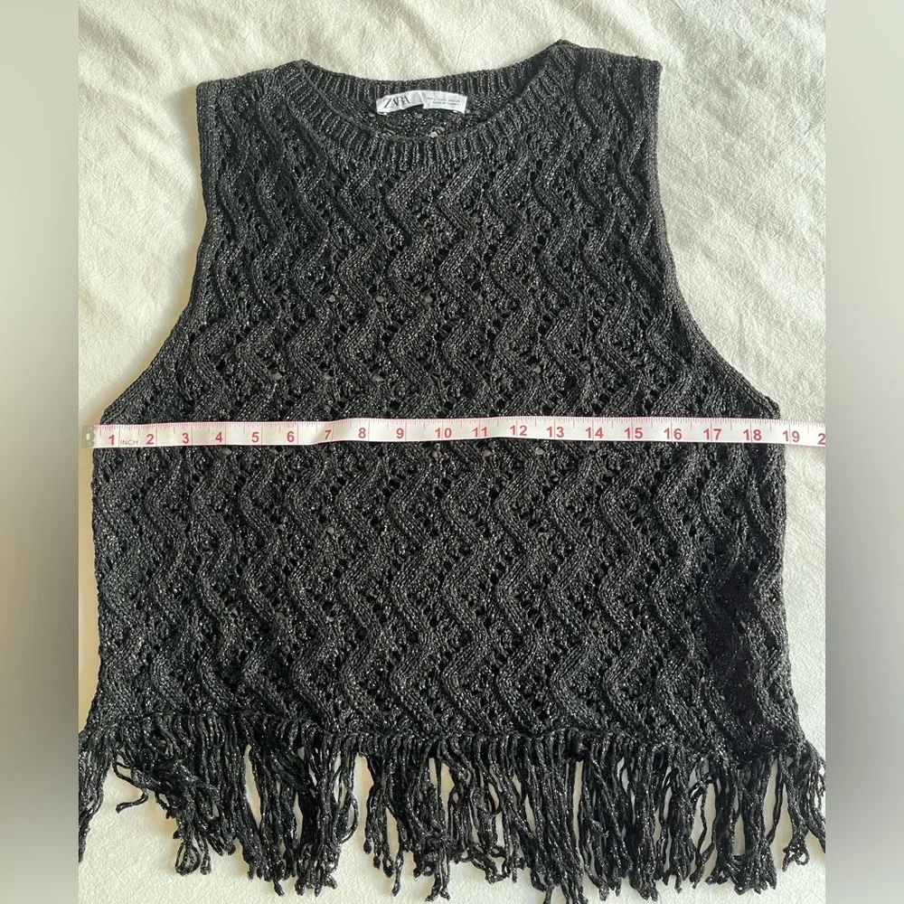 Zara Black Crochet Knit Fringe Hem Top Metallic Thread Festival Wear Boho Chic - Picture 6 of 9